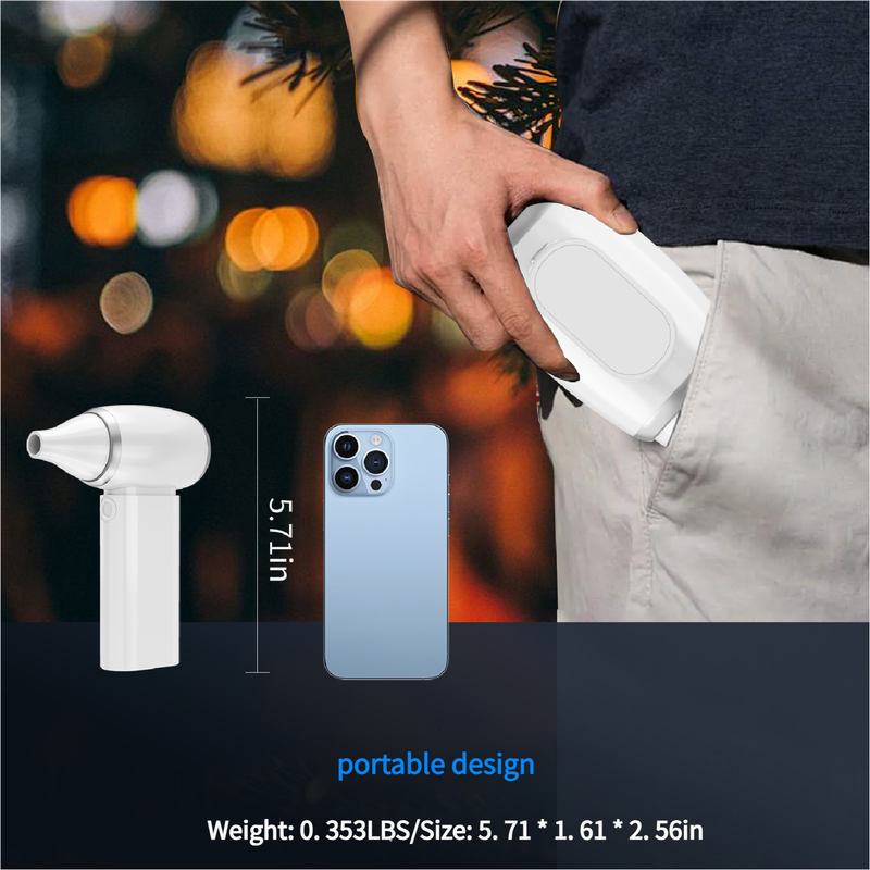 White Portable Turbo Handheld Blower Fan - 130000RPM High-Speed Mini Fan with 5000mAh Battery.