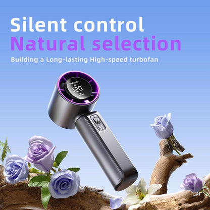 Purple Portable Handheld Fan with 120-Speed Display - USB Rechargeable Mini Cooling Fan for Outdoor Use.