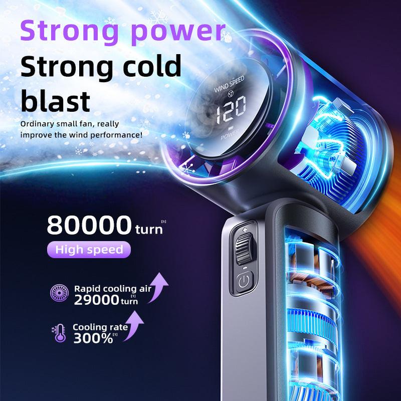 Purple Portable Handheld Fan with 120-Speed Display - USB Rechargeable Mini Cooling Fan for Outdoor Use.