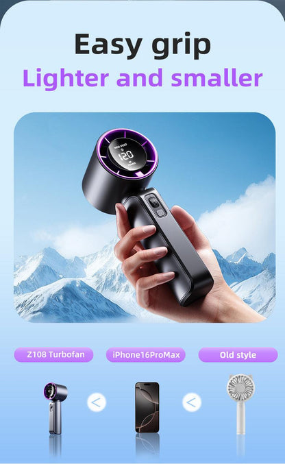 Purple Portable Handheld Fan with 120-Speed Display - USB Rechargeable Mini Cooling Fan for Outdoor Use.