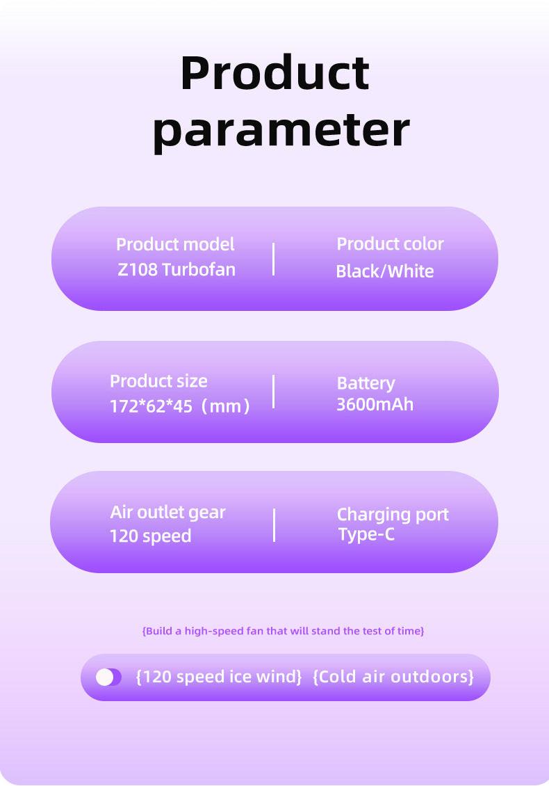 Purple Portable Handheld Fan with 120-Speed Display - USB Rechargeable Mini Cooling Fan for Outdoor Use.