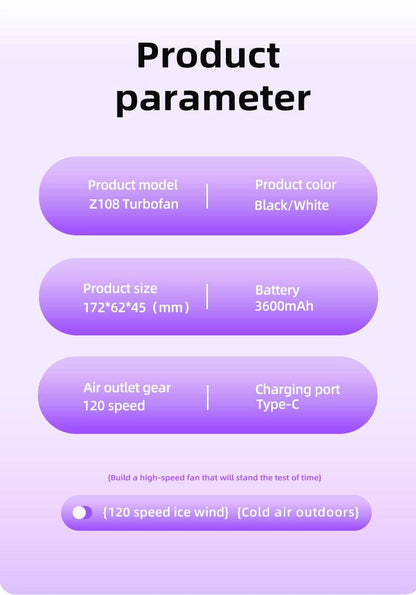 Purple Portable Handheld Fan with 120-Speed Display - USB Rechargeable Mini Cooling Fan for Outdoor Use.