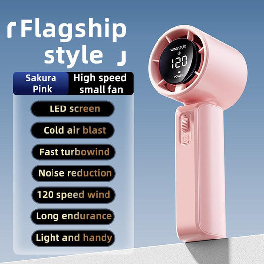 Pink Portable Handheld Fan with 120-Speed Display - USB Rechargeable Mini Cooling Fan for Outdoor Use.