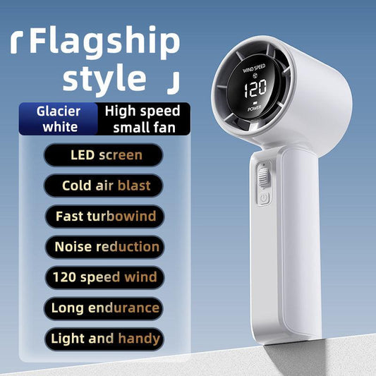 White Portable Handheld Fan with 120-Speed Display - USB Rechargeable Mini Cooling Fan for Outdoor Use.