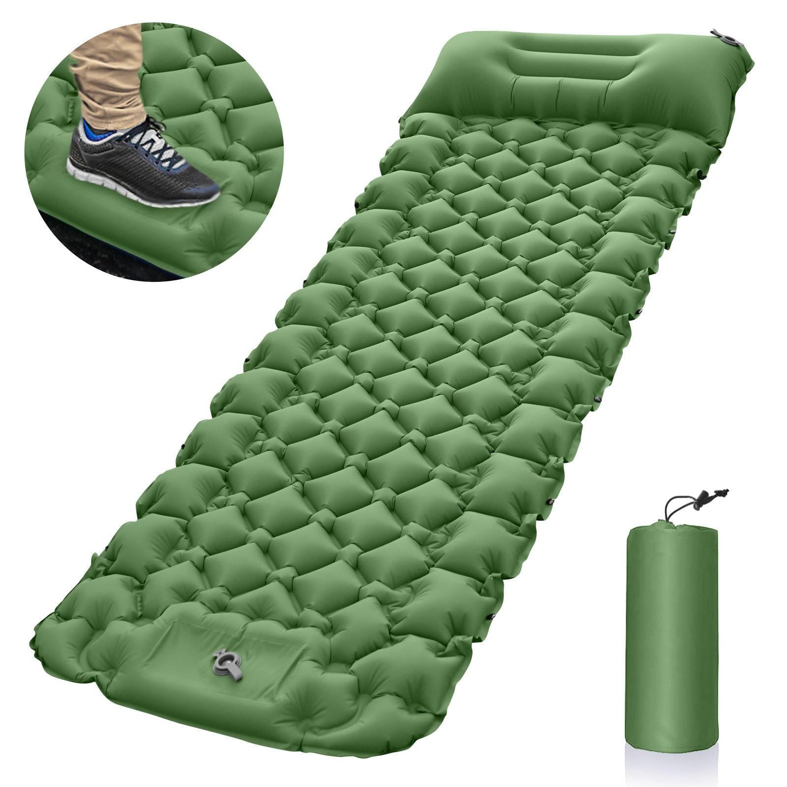 Green Portable Outdoor Inflatable Mat - Foot-Operated Camping Sleeping Pad.