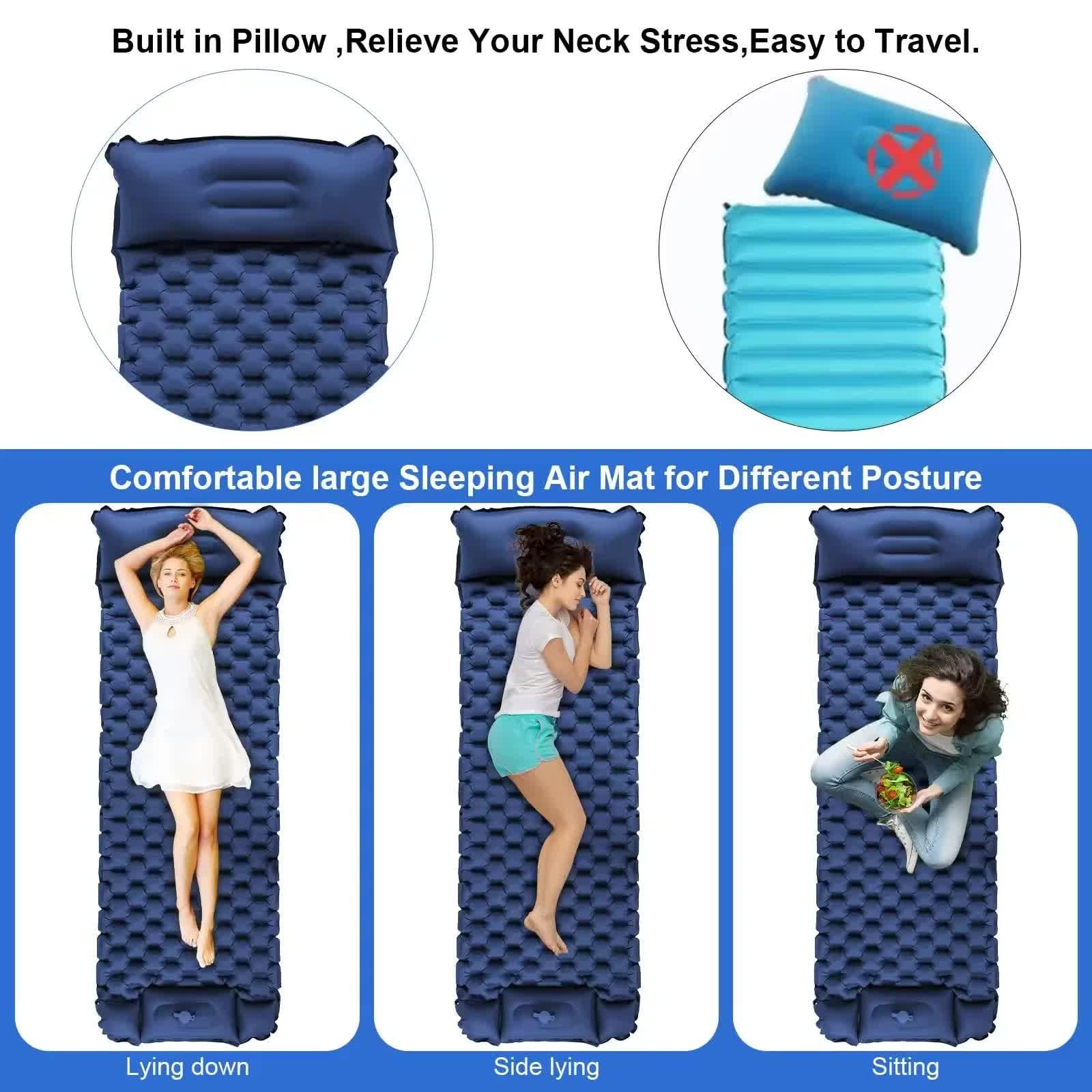 Green Portable Outdoor Inflatable Mat - Foot-Operated Camping Sleeping Pad.