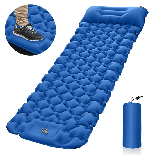 Blue Portable Outdoor Inflatable Mat - Foot-Operated Camping Sleeping Pad.