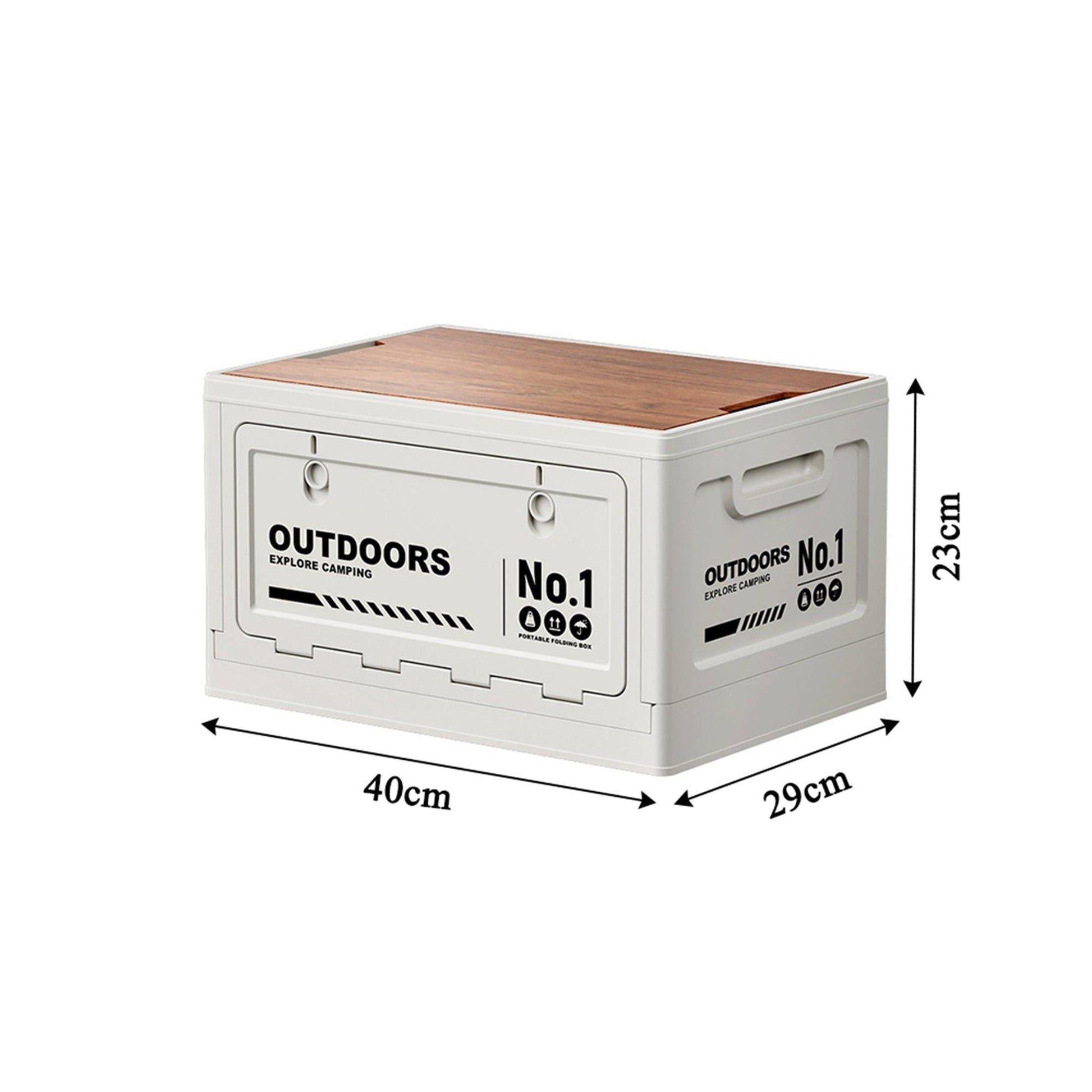 40cm White Multifunctional Foldable Storage Box with Wooden Lid - Collapsible Outdoor Camping Crate, Stackable Home Organizer with Side-Opening Doors for Car Trunk, Picnic and Pantry.