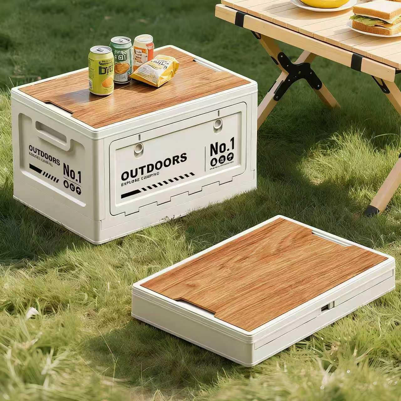 40cm White Multifunctional Foldable Storage Box with Wooden Lid - Collapsible Outdoor Camping Crate, Stackable Home Organizer with Side-Opening Doors for Car Trunk, Picnic and Pantry.