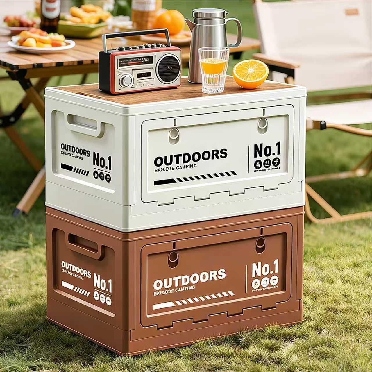 40cm White Multifunctional Foldable Storage Box with Wooden Lid - Collapsible Outdoor Camping Crate, Stackable Home Organizer with Side-Opening Doors for Car Trunk, Picnic and Pantry.