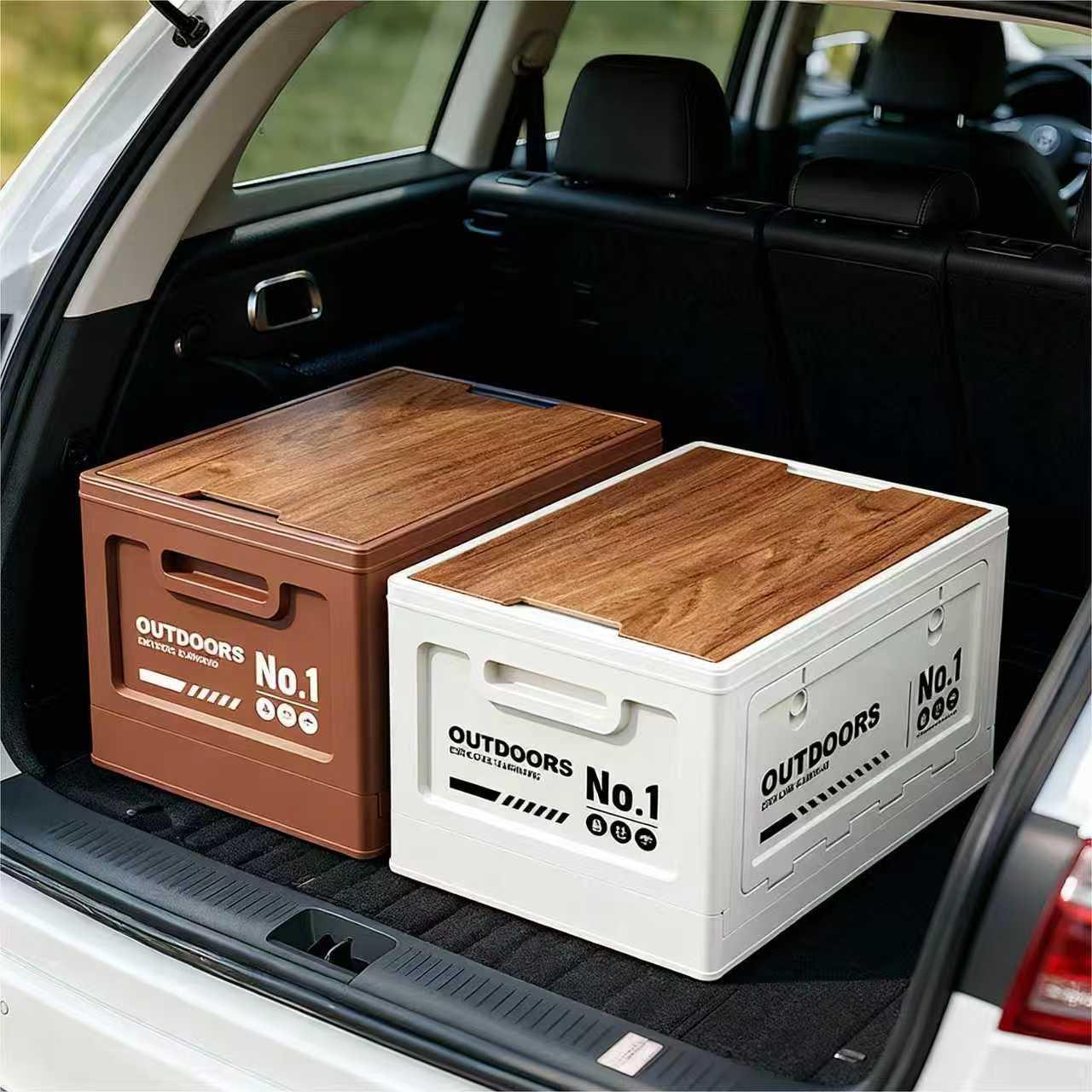 40cm White Multifunctional Foldable Storage Box with Wooden Lid - Collapsible Outdoor Camping Crate, Stackable Home Organizer with Side-Opening Doors for Car Trunk, Picnic and Pantry.