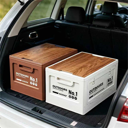 40cm White Multifunctional Foldable Storage Box with Wooden Lid - Collapsible Outdoor Camping Crate, Stackable Home Organizer with Side-Opening Doors for Car Trunk, Picnic and Pantry.