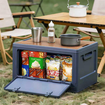 40cm White Multifunctional Foldable Storage Box with Wooden Lid - Collapsible Outdoor Camping Crate, Stackable Home Organizer with Side-Opening Doors for Car Trunk, Picnic and Pantry.