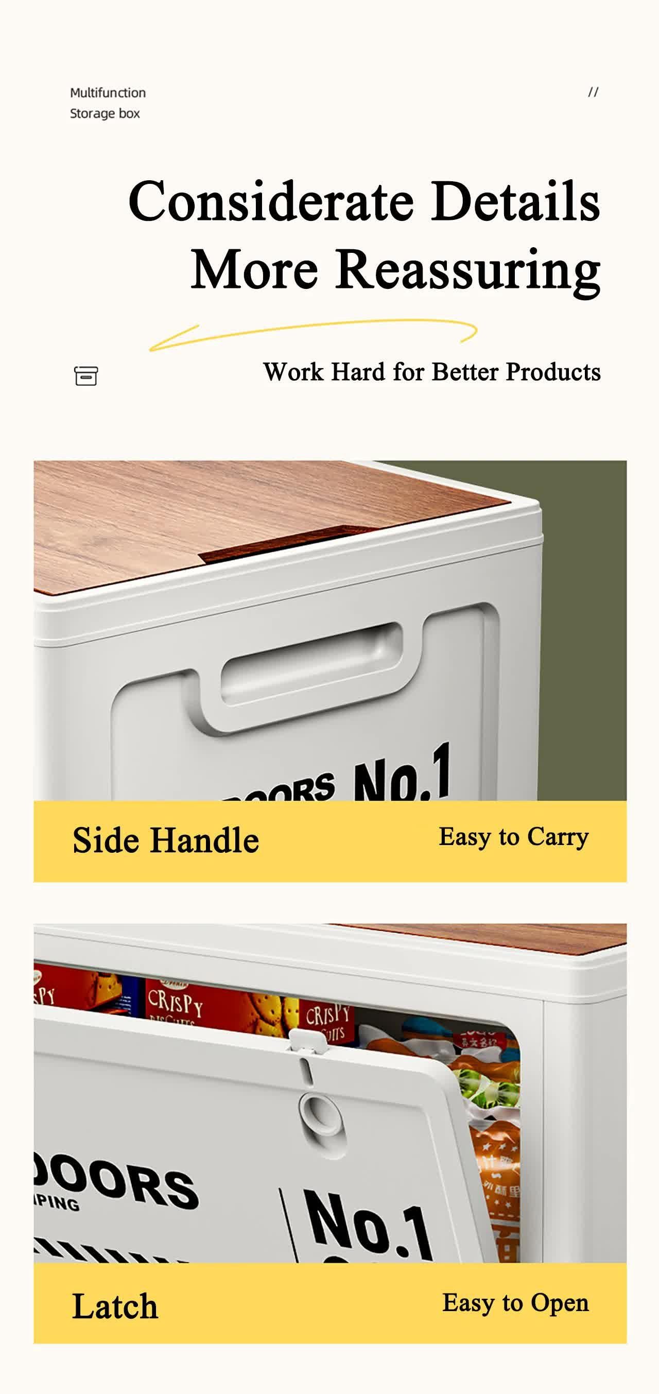 40cm White Multifunctional Foldable Storage Box with Wooden Lid - Collapsible Outdoor Camping Crate, Stackable Home Organizer with Side-Opening Doors for Car Trunk, Picnic and Pantry.