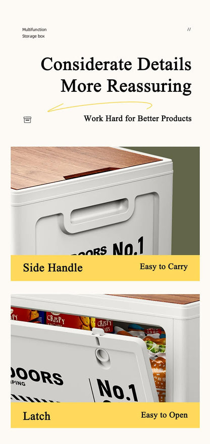 40cm White Multifunctional Foldable Storage Box with Wooden Lid - Collapsible Outdoor Camping Crate, Stackable Home Organizer with Side-Opening Doors for Car Trunk, Picnic and Pantry.