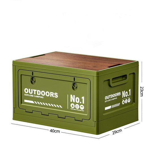 40cm Green Multifunctional Foldable Storage Box with Wooden Lid - Collapsible Outdoor Camping Crate, Stackable Home Organizer with Side-Opening Doors for Car Trunk, Picnic and Pantry.
