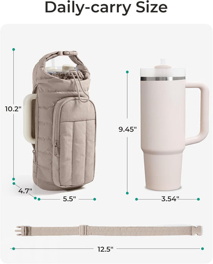 Dark Pink Quilted Water Bottle Carrier Bag with Large Phone Pocket - Insulated Tumbler Pouch with Adjustable Shoulder Strap - Crossbody Water Bottle Holder for18oz to 64ozTumblers, Gym, and Travel