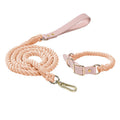 Light pink Hand-Woven Rainbow Cotton Rope Dog Leash and Collar Set - Adjustable Veg-Tanned Leather Trim with Heavy Duty Metal Hardware - 150cm Training Lead and S Size Collar