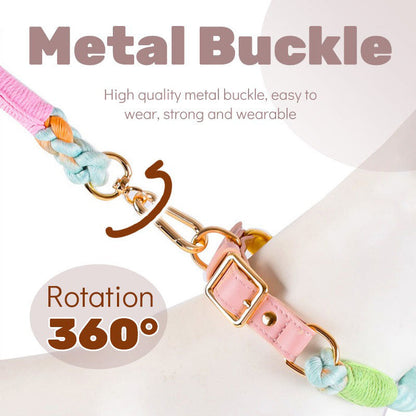 Light pink Hand-Woven Rainbow Cotton Rope Dog Leash and Collar Set - Adjustable Veg-Tanned Leather Trim with Heavy Duty Metal Hardware - 150cm Training Lead and S Size Collar