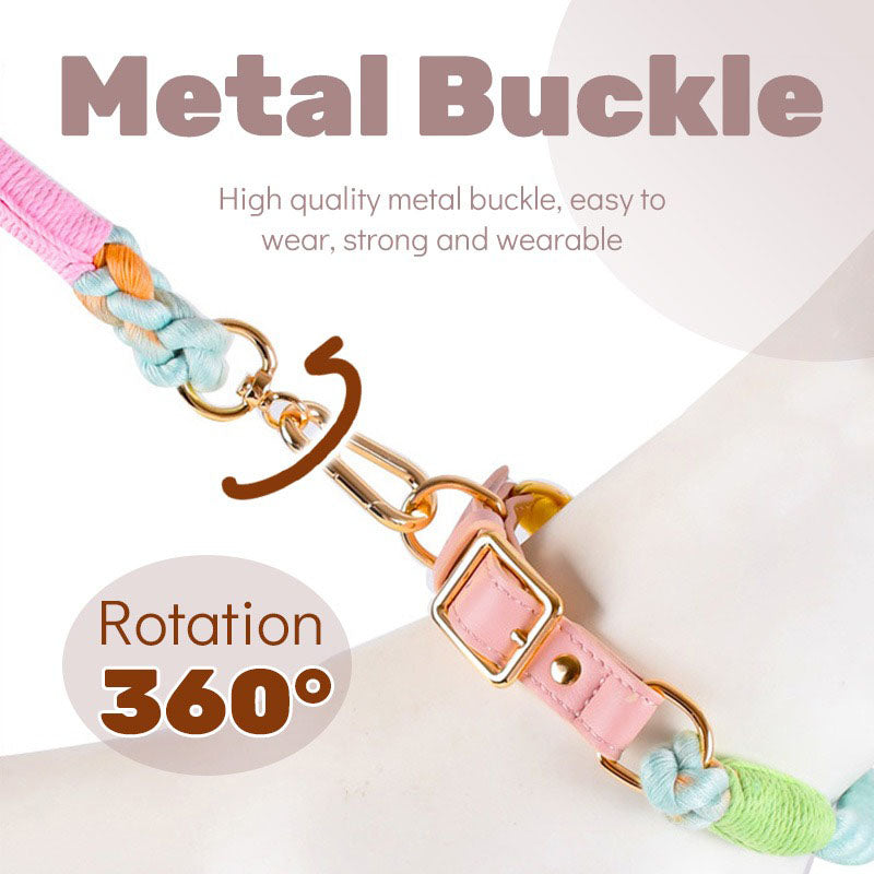 Purple Hand-Woven Rainbow Cotton Rope Dog Leash and Collar Set - Adjustable Veg-Tanned Leather Trim with Heavy Duty Metal Hardware - 150cm Training Lead and S Size Collar