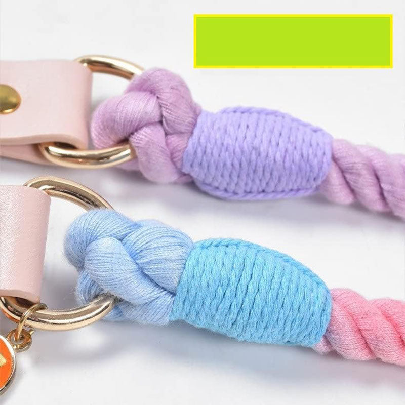 Purple Hand-Woven Rainbow Cotton Rope Dog Leash and Collar Set - Adjustable Veg-Tanned Leather Trim with Heavy Duty Metal Hardware - 150cm Training Lead and S Size Collar