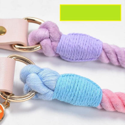 Purple Hand-Woven Rainbow Cotton Rope Dog Leash and Collar Set - Adjustable Veg-Tanned Leather Trim with Heavy Duty Metal Hardware - 150cm Training Lead and S Size Collar