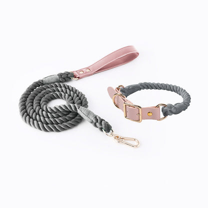 Grey Hand-Woven Rainbow Cotton Rope Dog Leash and Collar Set - Adjustable Veg-Tanned Leather Trim with Heavy Duty Metal Hardware - 150cm Training Lead and M Size Collar