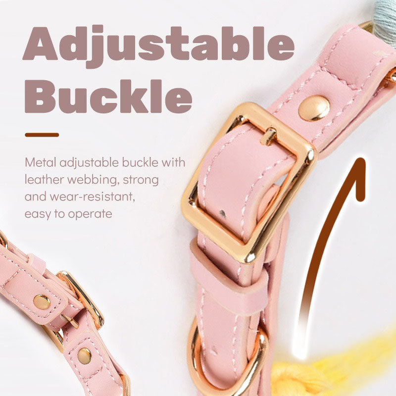 Grey Hand-Woven Rainbow Cotton Rope Dog Leash and Collar Set - Adjustable Veg-Tanned Leather Trim with Heavy Duty Metal Hardware - 150cm Training Lead and M Size Collar