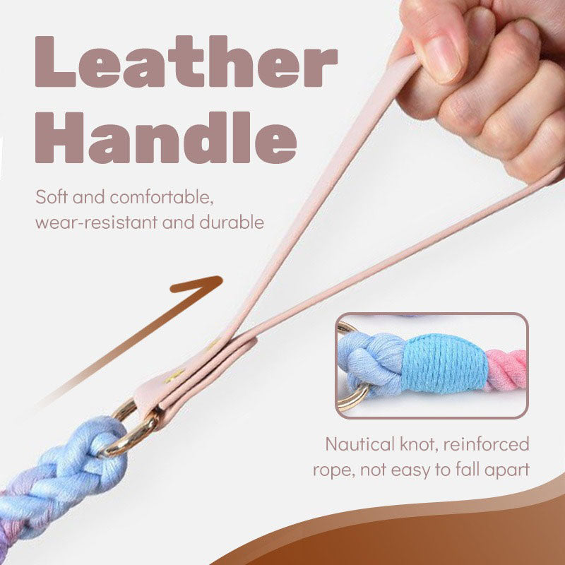 Grey Hand-Woven Rainbow Cotton Rope Dog Leash and Collar Set - Adjustable Veg-Tanned Leather Trim with Heavy Duty Metal Hardware - 150cm Training Lead and M Size Collar