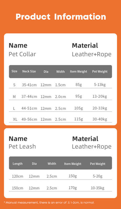 Grey Hand-Woven Rainbow Cotton Rope Dog Leash and Collar Set - Adjustable Veg-Tanned Leather Trim with Heavy Duty Metal Hardware - 150cm Training Lead and M Size Collar