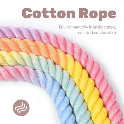 Light pink Hand-Woven Rainbow Cotton Rope Dog Leash and Collar Set - Adjustable Veg-Tanned Leather Trim with Heavy Duty Metal Hardware - 150cm Training Lead and M Size Collar