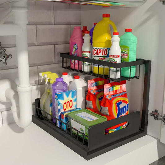 2-Tier Under Sink Organizer and Storage - Heavy Duty Metal Pull-Out Cabinet Organizer, L-Shaped Sliding Drawer Rack for Kitchen, Bathroom, and Pantry - Black