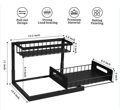 2-Tier Under Sink Organizer and Storage - Heavy Duty Metal Pull-Out Cabinet Organizer, L-Shaped Sliding Drawer Rack for Kitchen, Bathroom, and Pantry - Black