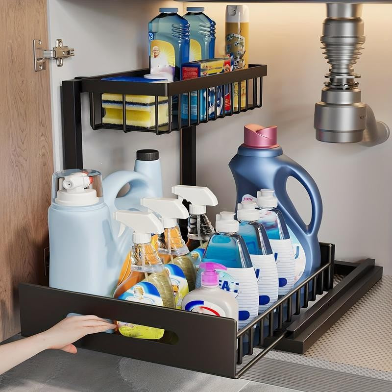 2-Tier Under Sink Organizer and Storage - Heavy Duty Metal Pull-Out Cabinet Organizer, L-Shaped Sliding Drawer Rack for Kitchen, Bathroom, and Pantry - Black
