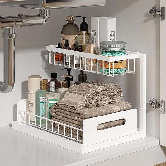 2-Tier Under Sink Organizer and Storage - Heavy Duty Metal Pull-Out Cabinet Organizer, L-Shaped Sliding Drawer Rack for Kitchen, Bathroom, and Pantry - White