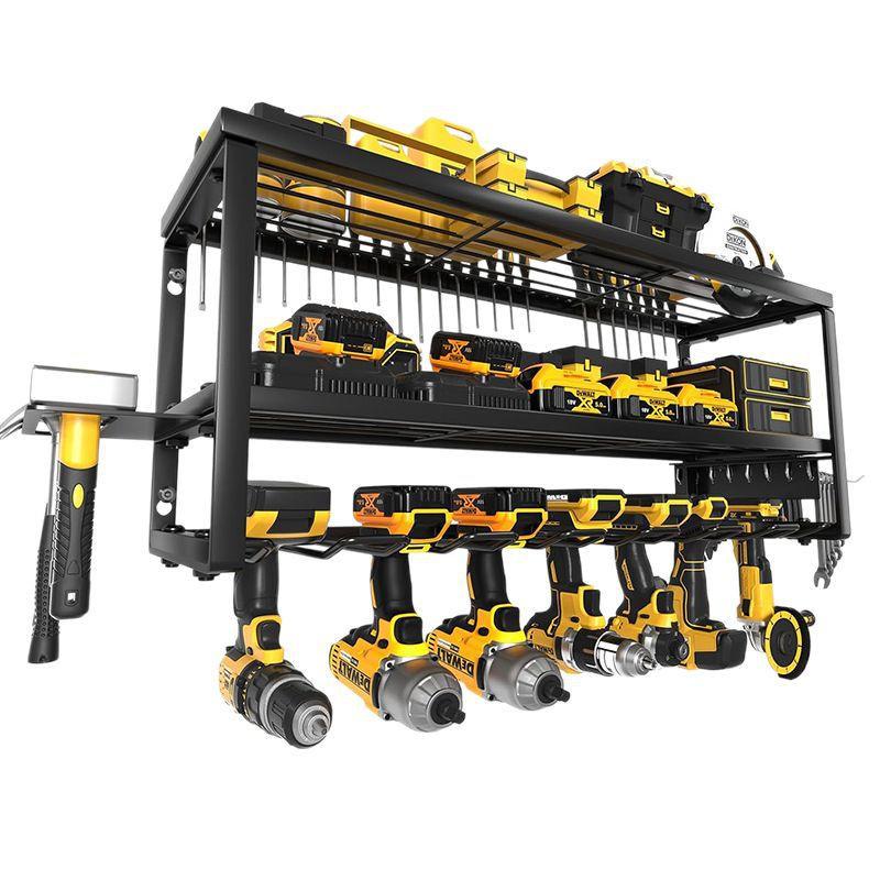 Heavy Duty Power Tool Organizer Wall Mount - 3-Tier Garage Storage Rack with Drill Holder, Screwdriver and Hammer Organizer - Extra Tall 200lbs Capacity High-Quality Steel Utility Shelf.