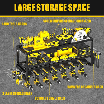 Heavy Duty Power Tool Organizer Wall Mount - 3-Tier Garage Storage Rack with Drill Holder, Screwdriver and Hammer Organizer - Extra Tall 200lbs Capacity High-Quality Steel Utility Shelf.