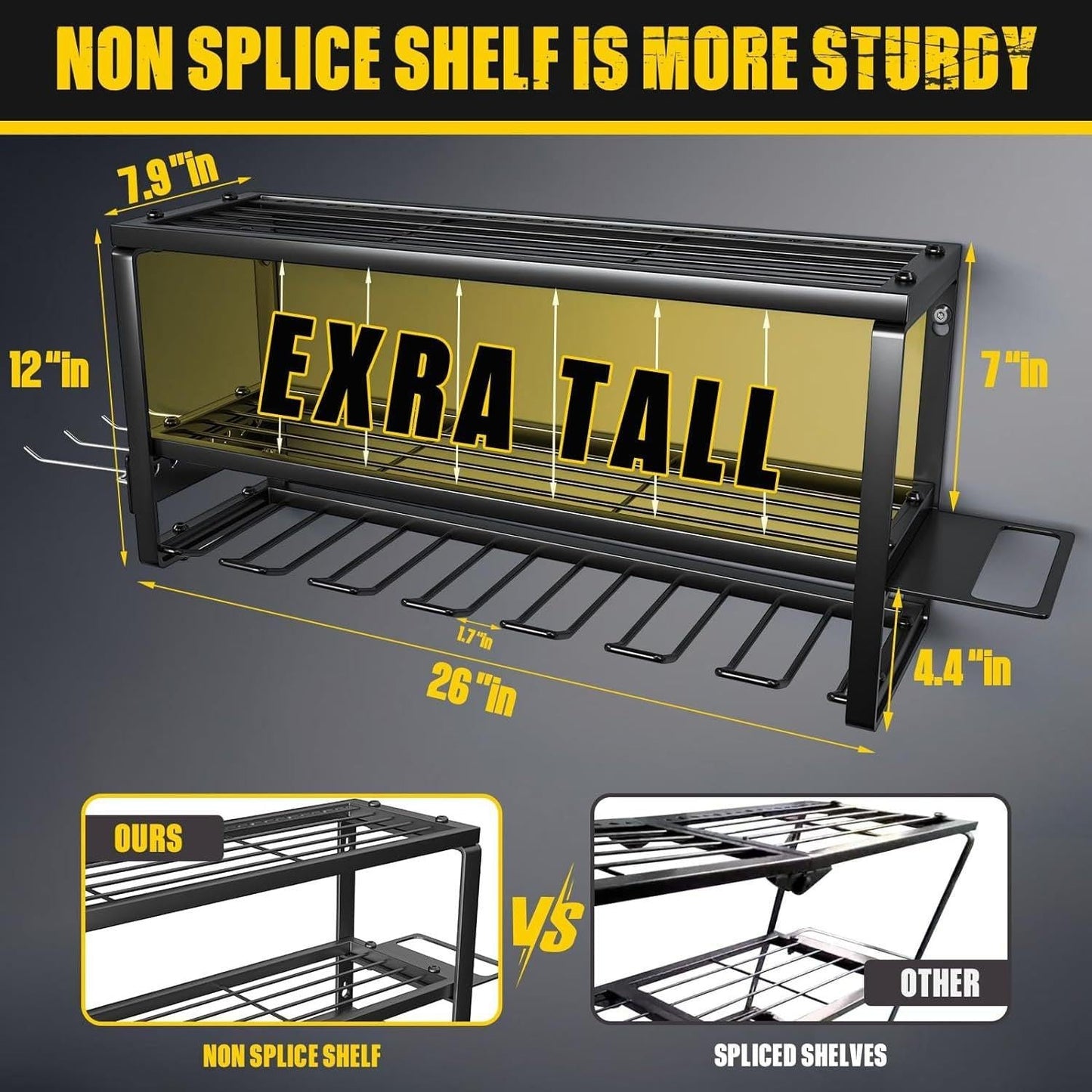Heavy Duty Power Tool Organizer Wall Mount - 3-Tier Garage Storage Rack with Drill Holder, Screwdriver and Hammer Organizer - Extra Tall 200lbs Capacity High-Quality Steel Utility Shelf.