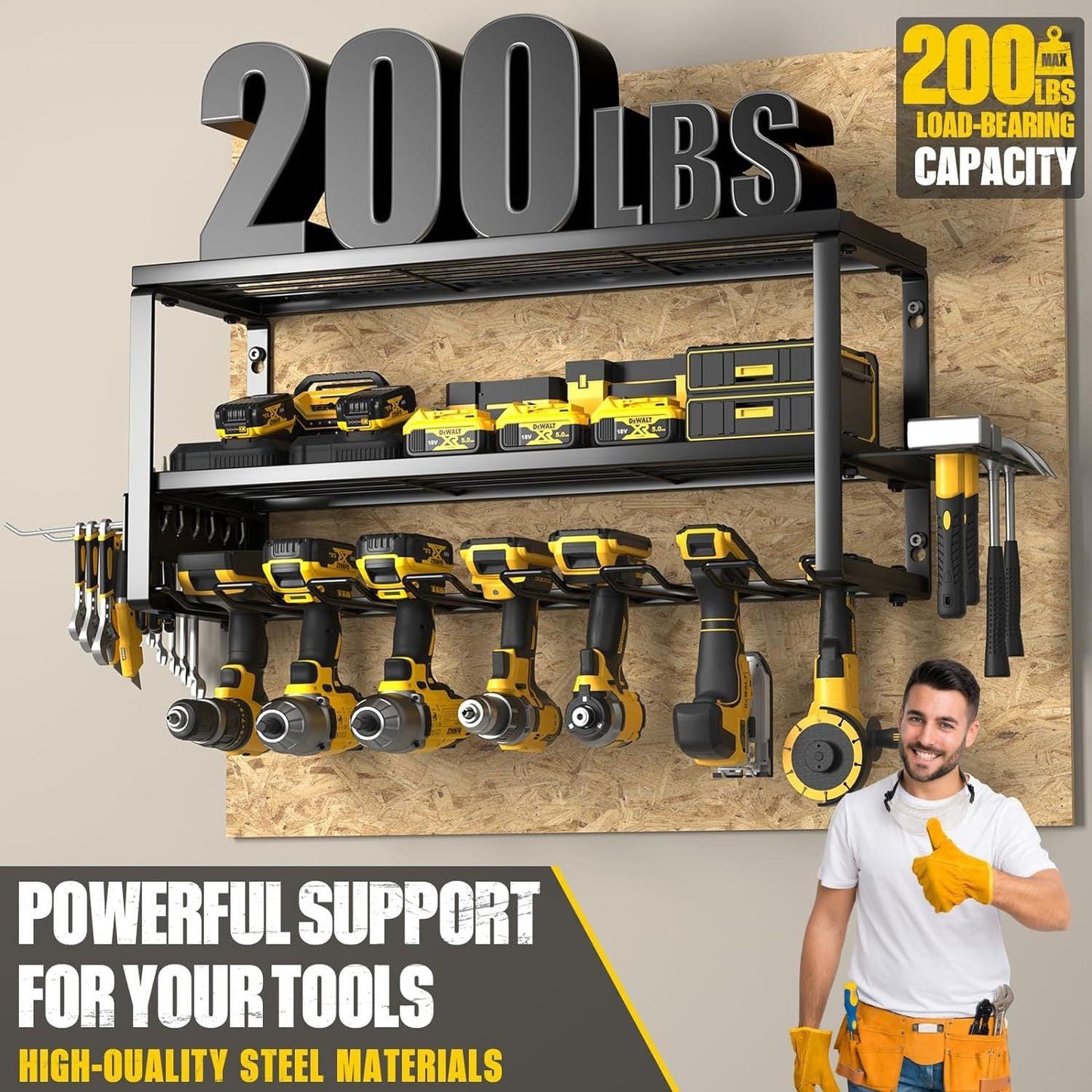 Heavy Duty Power Tool Organizer Wall Mount - 3-Tier Garage Storage Rack with Drill Holder, Screwdriver and Hammer Organizer - Extra Tall 200lbs Capacity High-Quality Steel Utility Shelf.