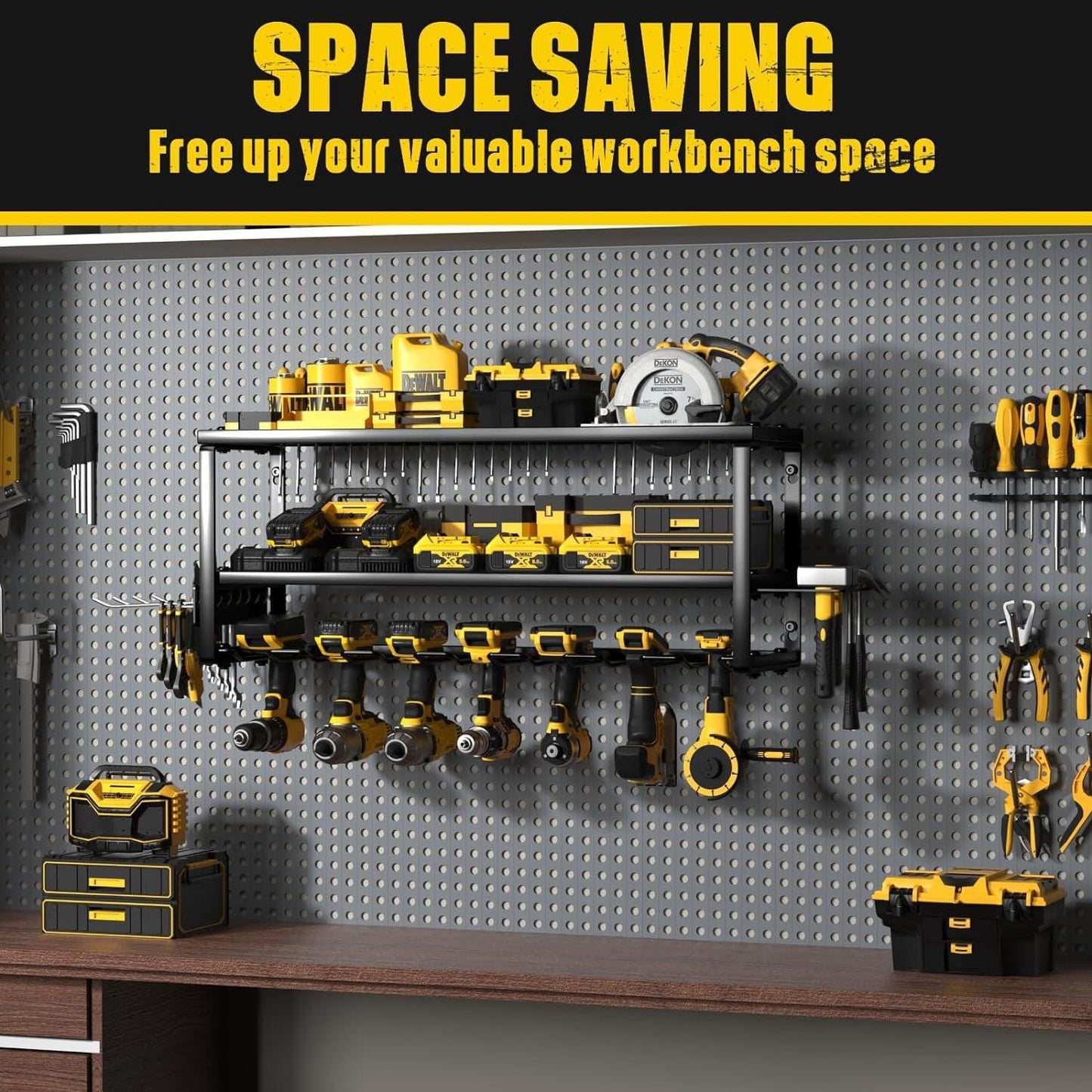 Heavy Duty Power Tool Organizer Wall Mount - 3-Tier Garage Storage Rack with Drill Holder, Screwdriver and Hammer Organizer - Extra Tall 200lbs Capacity High-Quality Steel Utility Shelf.