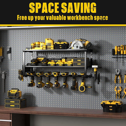 Heavy Duty Power Tool Organizer Wall Mount - 3-Tier Garage Storage Rack with Drill Holder, Screwdriver and Hammer Organizer - Extra Tall 200lbs Capacity High-Quality Steel Utility Shelf.