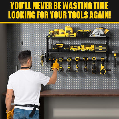 Heavy Duty Power Tool Organizer Wall Mount - 3-Tier Garage Storage Rack with Drill Holder, Screwdriver and Hammer Organizer - Extra Tall 200lbs Capacity High-Quality Steel Utility Shelf.