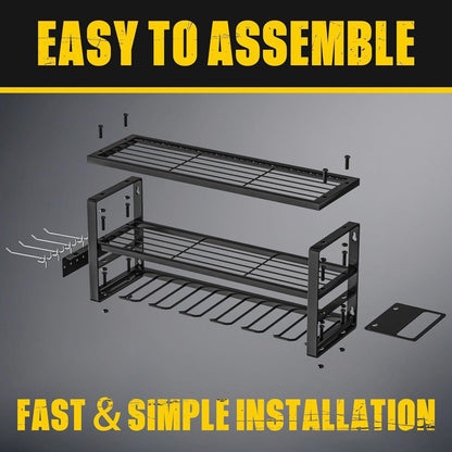 Heavy Duty Power Tool Organizer Wall Mount - 3-Tier Garage Storage Rack with Drill Holder, Screwdriver and Hammer Organizer - Extra Tall 200lbs Capacity High-Quality Steel Utility Shelf.