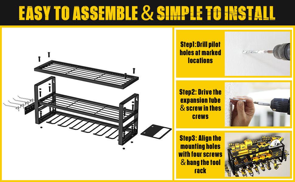 Heavy Duty Power Tool Organizer Wall Mount - 3-Tier Garage Storage Rack with Drill Holder, Screwdriver and Hammer Organizer - Extra Tall 200lbs Capacity High-Quality Steel Utility Shelf.
