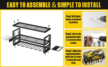 Heavy Duty Power Tool Organizer Wall Mount - 3-Tier Garage Storage Rack with Drill Holder, Screwdriver and Hammer Organizer - Extra Tall 200lbs Capacity High-Quality Steel Utility Shelf.