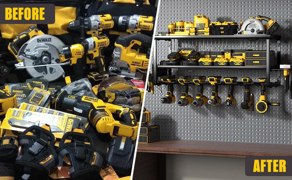 Heavy Duty Power Tool Organizer Wall Mount - 3-Tier Garage Storage Rack with Drill Holder, Screwdriver and Hammer Organizer - Extra Tall 200lbs Capacity High-Quality Steel Utility Shelf.
