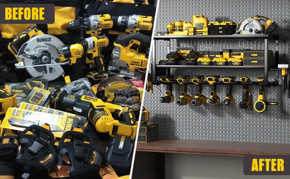 Heavy Duty Power Tool Organizer Wall Mount - 3-Tier Garage Storage Rack with Drill Holder, Screwdriver and Hammer Organizer - Extra Tall 200lbs Capacity High-Quality Steel Utility Shelf.