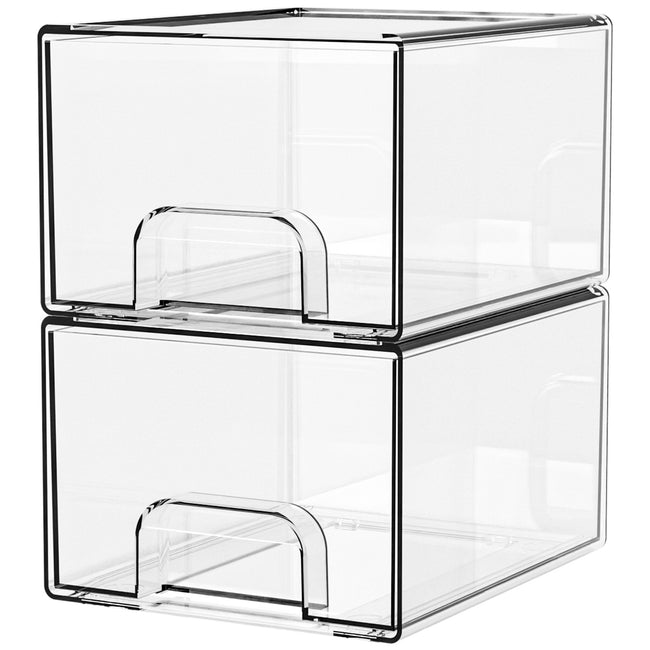 2-Pack Stackable PET Clear Makeup Organizer Drawers - Multi-Purpose Desktop Storage Case for Cosmetics, Skincare, and Office Supplies - Dustproof Vanity Organizer with Pull-Out Handles and Anti-Slip Base Hover Image