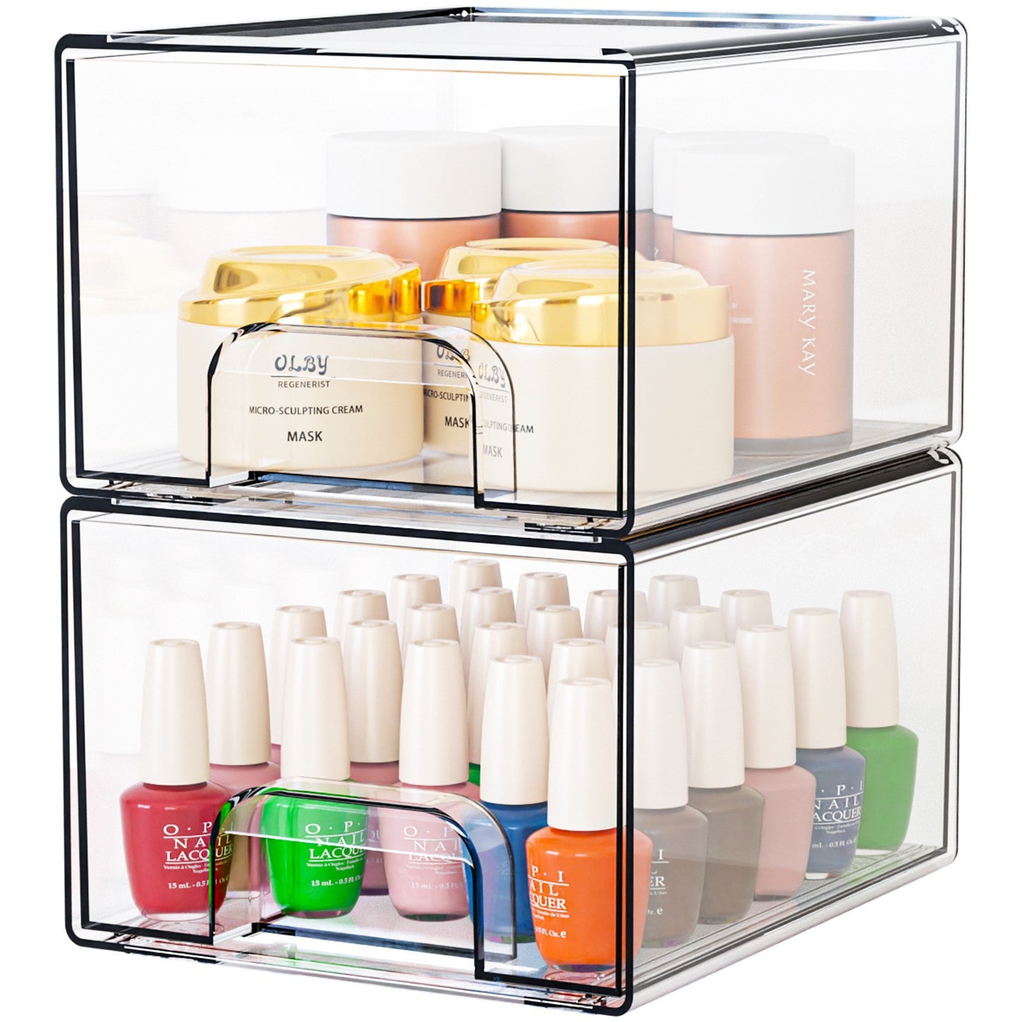 2-Pack Stackable PET Clear Makeup Organizer Drawers - Multi-Purpose Desktop Storage Case for Cosmetics, Skincare, and Office Supplies - Dustproof Vanity Organizer with Pull-Out Handles and Anti-Slip Base
