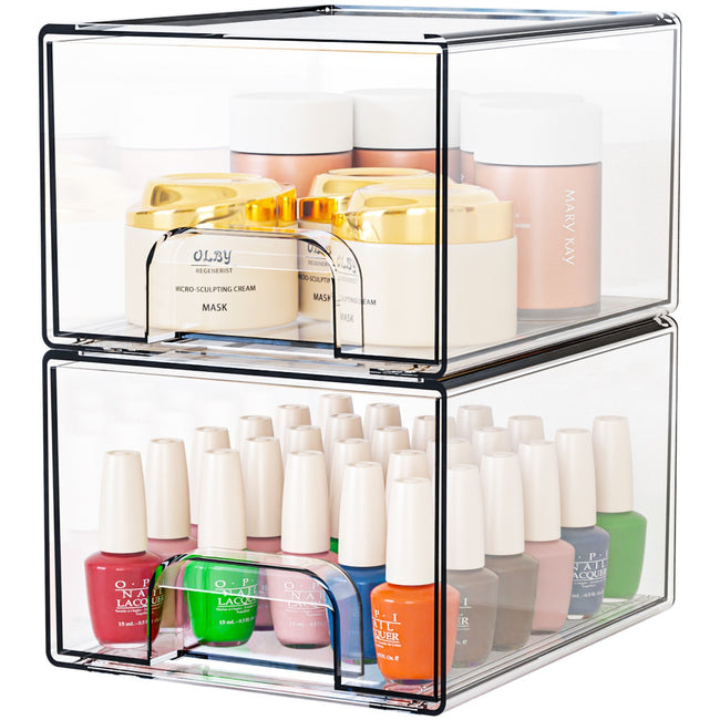 2-Pack Stackable PET Clear Makeup Organizer Drawers - Multi-Purpose Desktop Storage Case for Cosmetics, Skincare, and Office Supplies - Dustproof Vanity Organizer with Pull-Out Handles and Anti-Slip Base Main Image
